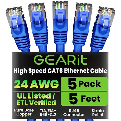 GearIT RJ45 Cat 6 Ethernet Patch Cable (5-Pack) for TV, Modem, PC Gaming, 10Gbps, Gold-Plated Connectors, Snagless, Network Cable, Internet Cable, 5 Feet, Blue in Saudi Arabia