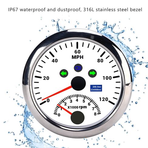 Speedometer Plastic Stainless Steel 85mm 0?120MPH Speedometer Gauge with Tachometer 8000 RPM Overspeed Alarm LCD Red Backlight for 12V/24V Car Boat ATV((White CX8192)) in Kuwait