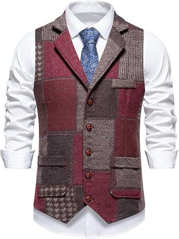 crazynekos Mens Plaid Waistcoat Retro Dress Vest Slim Fit Button Down Prom Formal Suit Vest in Kuwait