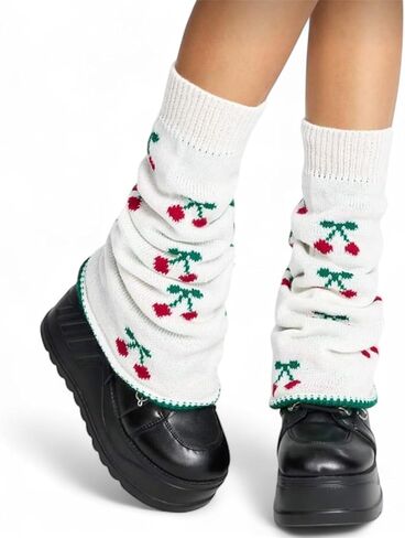 ClawsandPaws Kawaii تدفئة الساق البيضاء المتوهجة مع نمط الكرز الأحمر، تدفئة الساق متماسكة لطيف للنساء والفتيات، نمط Y2K، هدايا لها in Kuwait