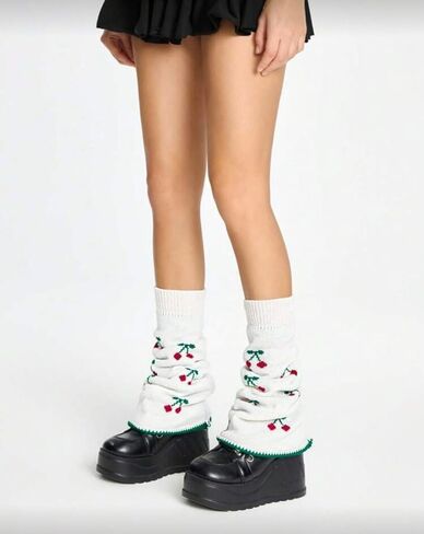 ClawsandPaws Kawaii تدفئة الساق البيضاء المتوهجة مع نمط الكرز الأحمر، تدفئة الساق متماسكة لطيف للنساء والفتيات، نمط Y2K، هدايا لها in Kuwait