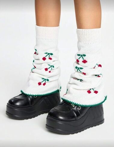 ClawsandPaws Kawaii تدفئة الساق البيضاء المتوهجة مع نمط الكرز الأحمر، تدفئة الساق متماسكة لطيف للنساء والفتيات، نمط Y2K، هدايا لها in Kuwait