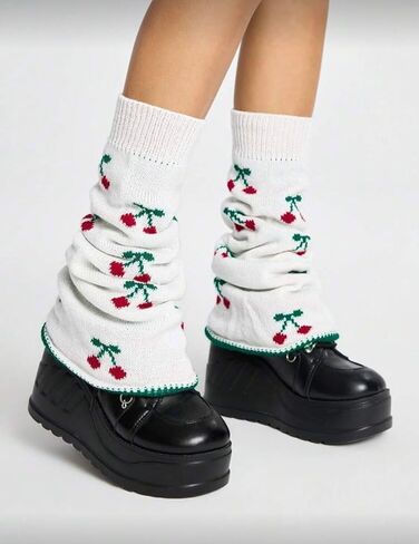 ClawsandPaws Kawaii تدفئة الساق البيضاء المتوهجة مع نمط الكرز الأحمر، تدفئة الساق متماسكة لطيف للنساء والفتيات، نمط Y2K، هدايا لها in Kuwait