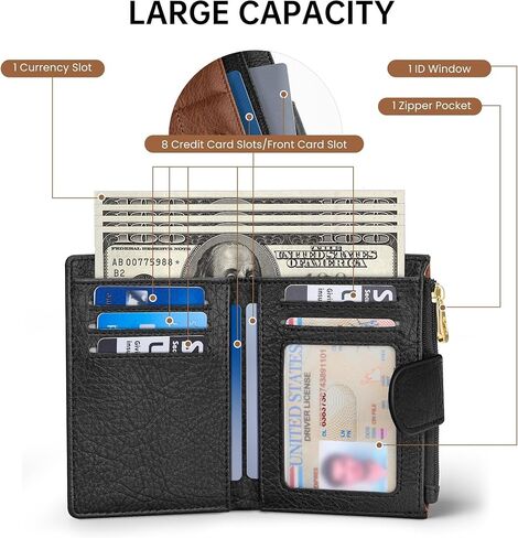 محافظ نسائية صغيرة بحامل بطاقات RFID محافظ مدمجة ثنائية الطي مع جيب للعملات المعدنية بسحاب باللونين الأسود والبني in Kuwait