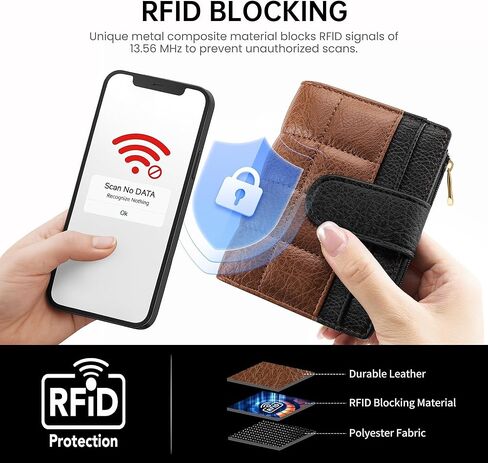 محافظ نسائية صغيرة بحامل بطاقات RFID محافظ مدمجة ثنائية الطي مع جيب للعملات المعدنية بسحاب باللونين الأسود والبني in Kuwait