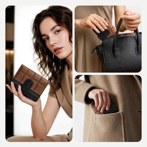 محافظ نسائية صغيرة بحامل بطاقات RFID محافظ مدمجة ثنائية الطي مع جيب للعملات المعدنية بسحاب باللونين الأسود والبني in Kuwait