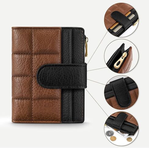 محافظ نسائية صغيرة بحامل بطاقات RFID محافظ مدمجة ثنائية الطي مع جيب للعملات المعدنية بسحاب باللونين الأسود والبني in Kuwait