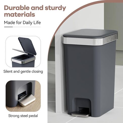 Small Bathroom Trash Can with Lid Soft Close, 10 Liter/2.6 Gallon Slim Garbage Can-Metal Step and Press top Lid, Mini Modern Waste Basket for Toilet, Office, Bedroom,Dorm,Dark Gray in Saudi Arabia