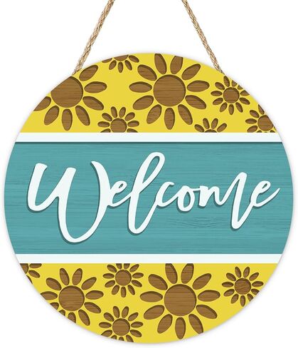 Welcome Sunflower Front Door Sign, Teal Yellow Flower Wood Hanger Outdoor Outside Porch Home Decor, Floral Farmhouse Wooden Wreath Indoor Wall Hanging Decoration in Saudi Arabia