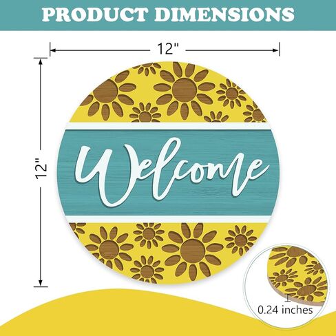 Welcome Sunflower Front Door Sign, Teal Yellow Flower Wood Hanger Outdoor Outside Porch Home Decor, Floral Farmhouse Wooden Wreath Indoor Wall Hanging Decoration in Saudi Arabia