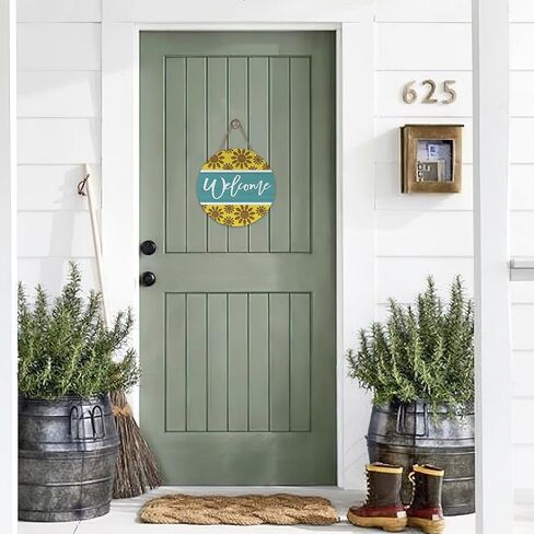 Welcome Sunflower Front Door Sign, Teal Yellow Flower Wood Hanger Outdoor Outside Porch Home Decor, Floral Farmhouse Wooden Wreath Indoor Wall Hanging Decoration in Saudi Arabia
