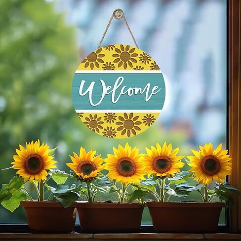 Welcome Sunflower Front Door Sign, Teal Yellow Flower Wood Hanger Outdoor Outside Porch Home Decor, Floral Farmhouse Wooden Wreath Indoor Wall Hanging Decoration in Saudi Arabia