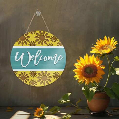 Welcome Sunflower Front Door Sign, Teal Yellow Flower Wood Hanger Outdoor Outside Porch Home Decor, Floral Farmhouse Wooden Wreath Indoor Wall Hanging Decoration in Saudi Arabia
