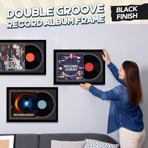 4 Pcs Vinyl Record Display Frame 16x22 Inches Double Groove Record Album Frame and 12.5×12.5 Inch Album Cover Art for Wall Mounting Home Decor (Black Matting) in Saudi Arabia