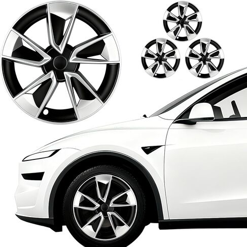 4 قطع أغطية حماية العجلات لعام 2025-2026 من Tesla Juniper Model Y، أغطية حماية الحواف سهلة التركيب مع تصميم تغطية كاملة، مقاومة معززة للديناميكيات الهوائية للخدش (أسود فضي، 19 بوصة 2025-2026 موديل Y) in Kuwait