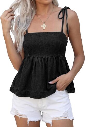 Women's Denim Top Ruffle Hem Tie Shoulder Denim Vest Y2K Trendy Babydoll Peplum Top in Kuwait