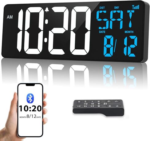 ساعة حائط رقمية كبيرة مقاس 17 بوصة مع مزامنة بلوتوث وجهاز تحكم عن بعد ومنبه LED كبير ودرجة حرارة التوقيت الصيفي التلقائي لغرفة النوم والمرآب وصالة الألعاب الرياضية in Kuwait