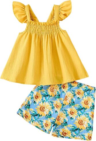ملابس صيفية للفتيات الصغيرات ملابس أطفال بدون أكمام قميص سوينغ كامي بدون أكمام لطيف مكون من قطعتين قصير من 1 إلى 5 سنوات in Kuwait