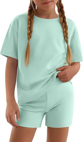 Girls 2 Piece Sets 5-14Y Short Sleeve T-Shirt Tight Shorts Loose Crew Neck Top Elastic Waist Pants Summer Outfits in Saudi Arabia