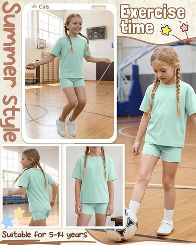 Girls 2 Piece Sets 5-14Y Short Sleeve T-Shirt Tight Shorts Loose Crew Neck Top Elastic Waist Pants Summer Outfits in Saudi Arabia