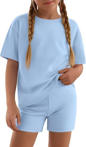 Girls 2 Piece Sets 5-14Y Short Sleeve T-Shirt Tight Shorts Loose Crew Neck Top Elastic Waist Pants Summer Outfits in Saudi Arabia