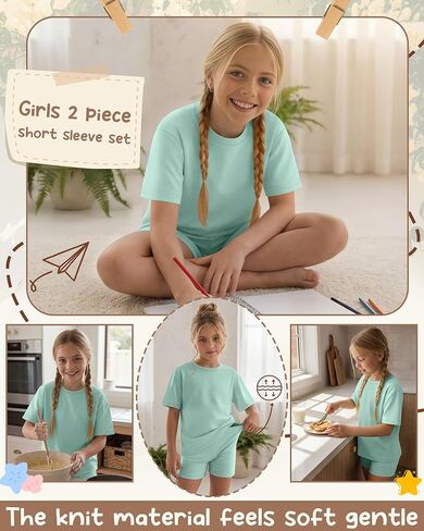 Girls 2 Piece Sets 5-14Y Short Sleeve T-Shirt Tight Shorts Loose Crew Neck Top Elastic Waist Pants Summer Outfits in Saudi Arabia
