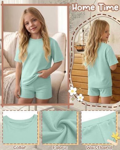 Girls 2 Piece Sets 5-14Y Short Sleeve T-Shirt Tight Shorts Loose Crew Neck Top Elastic Waist Pants Summer Outfits in Saudi Arabia