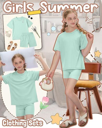 Girls 2 Piece Sets 5-14Y Short Sleeve T-Shirt Tight Shorts Loose Crew Neck Top Elastic Waist Pants Summer Outfits in Saudi Arabia