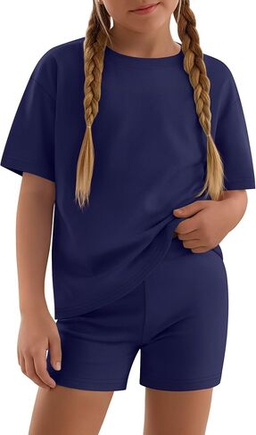 Girls 2 Piece Sets 5-14Y Short Sleeve T-Shirt Tight Shorts Loose Crew Neck Top Elastic Waist Pants Summer Outfits in Saudi Arabia