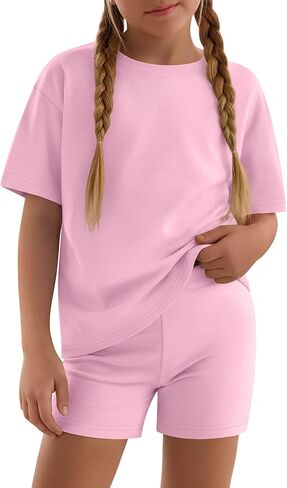 Girls 2 Piece Sets 5-14Y Short Sleeve T-Shirt Tight Shorts Loose Crew Neck Top Elastic Waist Pants Summer Outfits in Saudi Arabia
