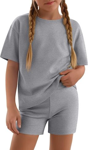 Girls 2 Piece Sets 5-14Y Short Sleeve T-Shirt Tight Shorts Loose Crew Neck Top Elastic Waist Pants Summer Outfits in Saudi Arabia