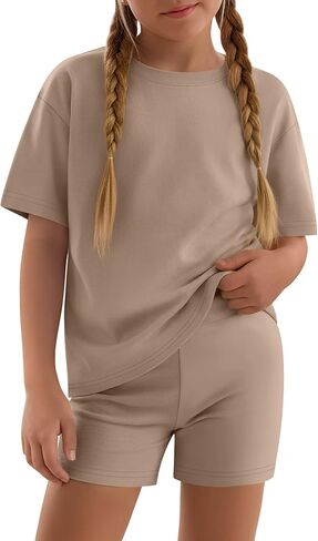 Girls 2 Piece Sets 5-14Y Short Sleeve T-Shirt Tight Shorts Loose Crew Neck Top Elastic Waist Pants Summer Outfits in Saudi Arabia