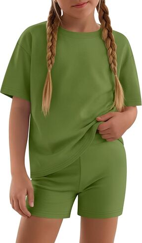 Girls 2 Piece Sets 5-14Y Short Sleeve T-Shirt Tight Shorts Loose Crew Neck Top Elastic Waist Pants Summer Outfits in Saudi Arabia