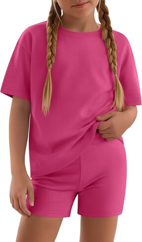 Girls 2 Piece Sets 5-14Y Short Sleeve T-Shirt Tight Shorts Loose Crew Neck Top Elastic Waist Pants Summer Outfits in Saudi Arabia