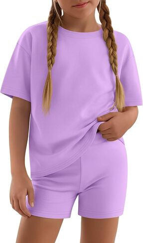 Girls 2 Piece Sets 5-14Y Short Sleeve T-Shirt Tight Shorts Loose Crew Neck Top Elastic Waist Pants Summer Outfits in Saudi Arabia
