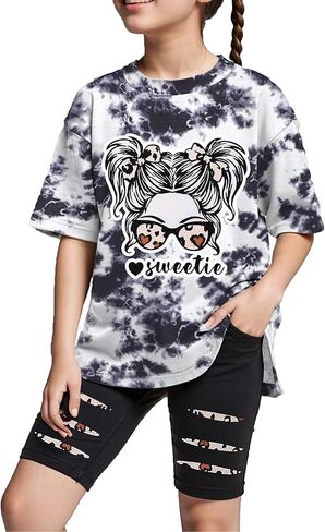 ملابس الفتيات قصيرة الأكمام التعادل صبغ أعلى السراويل السراويل 2PCS الفتيات ملابس الصيف حجم 6-16 in Kuwait