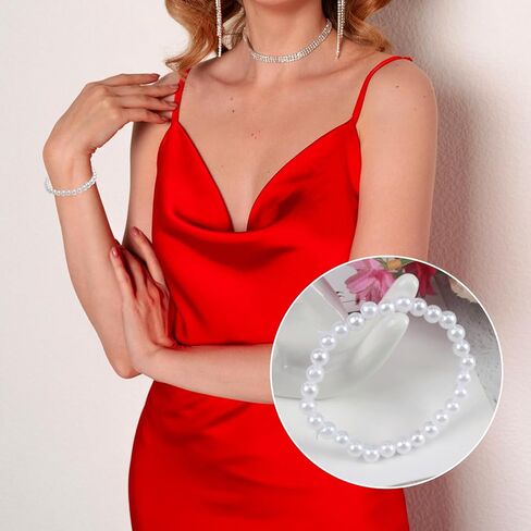 50Pcs Pearl Bracelets for Women,6mm Faux Pearl Bracelets Set,Stretch Pearl Bracelet Bridal Stackable Fake Pearls Bead Bracelets for Bridesmaid Party Gifts Wedding in Kuwait