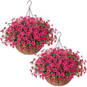 HyeFlora 2 Set Artificial Outdoor Flowers with Hanging Basket, Faux Hanging Plants for Outside Spring Decoration, Fake Silk UV Resistant Look Real Daisy Eucalyptus for Porch Garden Patio Home Decor in Kuwait