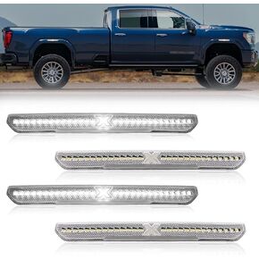 مصابيح LED للعلامات الجانبية لـ 2020-2023 GMC Sierra 2500HD 3500HD w/XStyle Light Beam [في انتظار براءة اختراع]، مصابيح تحديد المصد الأمامي والخلفي، عدسة شفافة بيضاء خفيفة 4 قطع in Kuwait