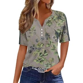 بلوزات كلاسيكية من Bawilom للنساء قطع علوية هينلي أنيقة غير رسمية بأكمام قصيرة قمصان بوهو مطبوعة بالزهور قمصان صيفية برقبة على شكل V تي شيرت جرافيك in Kuwait