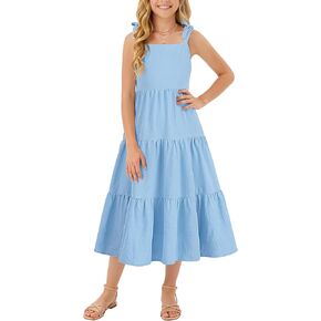 Cubear Girls Tiered Summer Dresses Sleeveless Tie Strap Boho Casual Sundresses with Pockets for Girls 5-13 Years in Kuwait