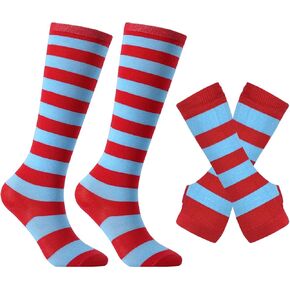 جوارب مجنونة مخططة باللونين الأحمر والأبيض حتى الركبة مع قفازات طويلة للأطفال والبنات والأولاد وإكسسوارات الحفلات التنكرية in Kuwait