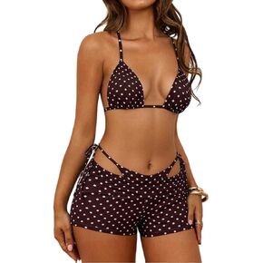 Women's 3 Piece Triangle Bikini Set Polka Dot Halter Swimsuit Cover Up Shorts Sexy Vacation Bathing Suit in Kuwait
