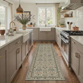 2x6 Runner Rug Washable Non Slip Low Pile Floral Print Pattern Lightweight Modern Art Deco Runner for Hallway, Kitchen, Laundry Room, Bedroom, Bathroom, Ivory in Kuwait