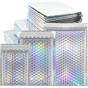 50 Pieces Metallic Bubble Mailers, Self-Seal Poly Padded Shipping Envelopes, Holographic Waterproof Bags for Mailing, Packing and Small Business Use in Kuwait