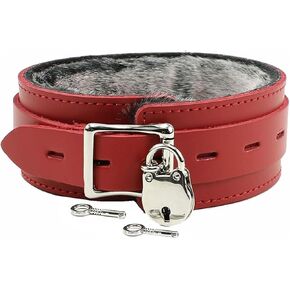 VP Leather Austin Latigo Leather Collar - Chinchilla Faux Fur Lined - Nickel-Plated Studs, Buckle & D-Ring - Lockable Buckle in Kuwait