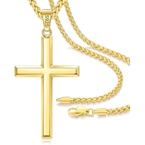925 Sterling Silver Cross Necklace for Men Boys, 14k Gold Plated Sterling Silver Cross Necklace with 3mm 316L Stainless Steel Wheat Chain Necklaces for Men Boys Women 16-26 Inch in Saudi Arabia