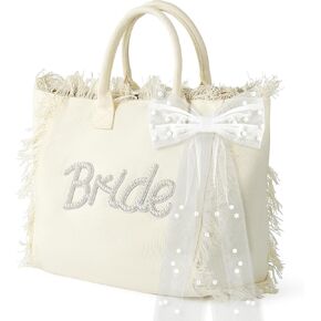 Bride Canvas Tote Bag - Large Bride To Be Handbag with Bow, White Fringe Beach Shopping Shoulder Totes, Bridal Shower Wedding Gift Bags for Honeymoon Engagement Bachelorette Party Supplies in Kuwait