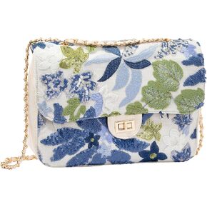 Linen Sequin Embroidered Floral Shoulder Bag with Turn-Lock Flap for Wedding Party in Kuwait