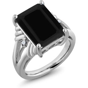 Gem Stone King 6.43 Cttw Black Onyx and White Created Sapphire Engagement Ring For Women | 925 Sterling Silver | Gemstone December Birthstone | Emerald Cut 14X10MM in Saudi Arabia